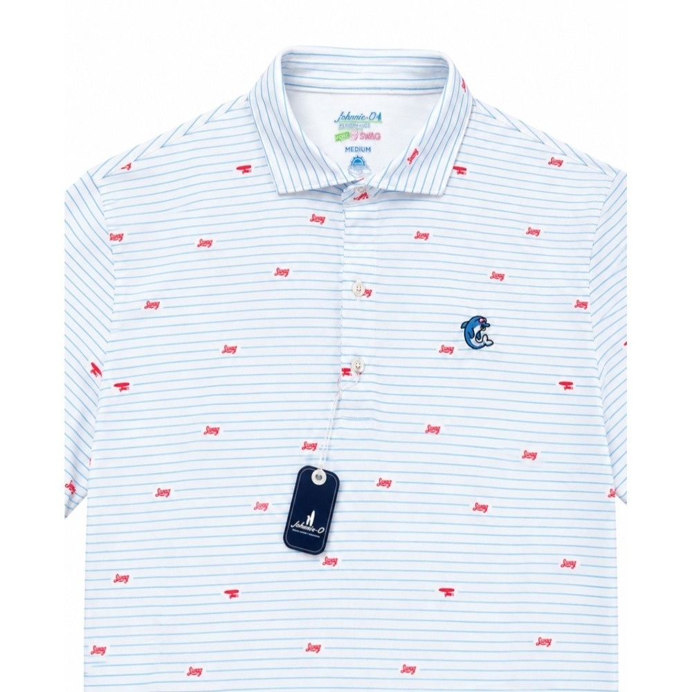 johnnie-O Wavefinder Fore Swag Performance‎ Striped Polo Men's M Golf UPF 50 NWT